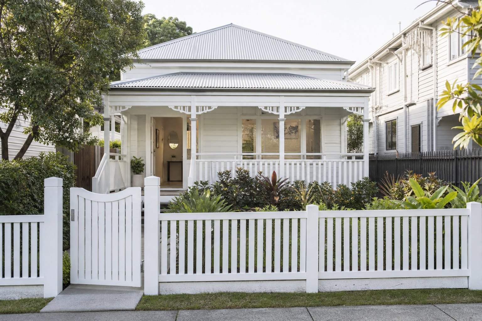 The front of a small timber dental practice with a garden bed