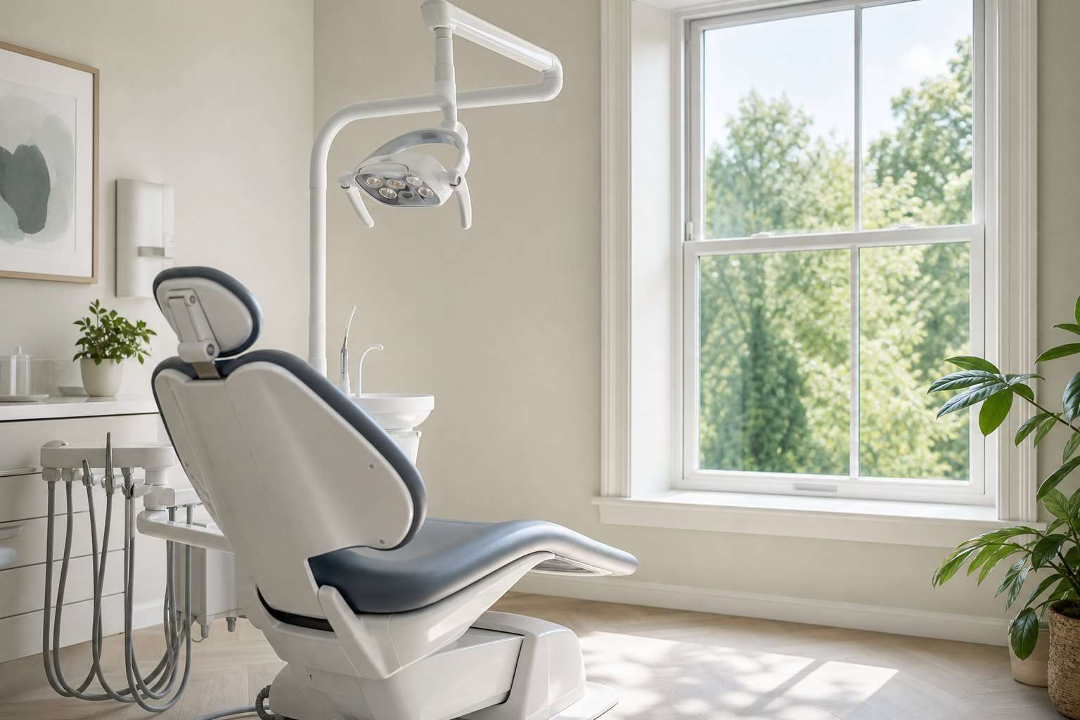 A clean treatment room with a dental chair beside a large window
