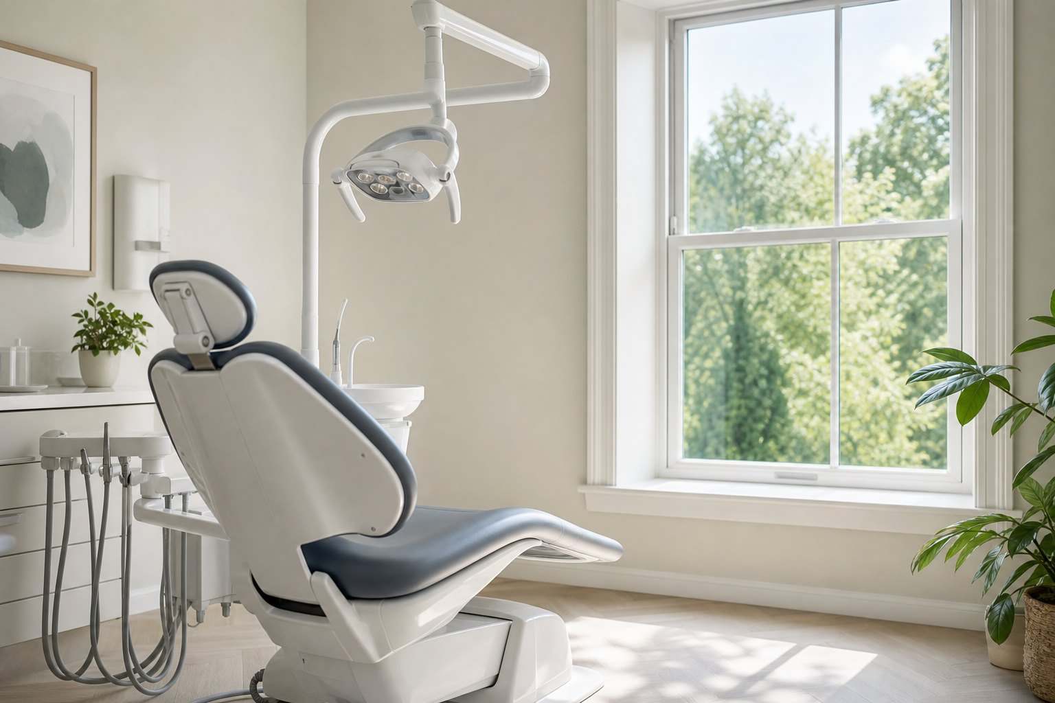 A clean treatment room with a dental chair beside a large window