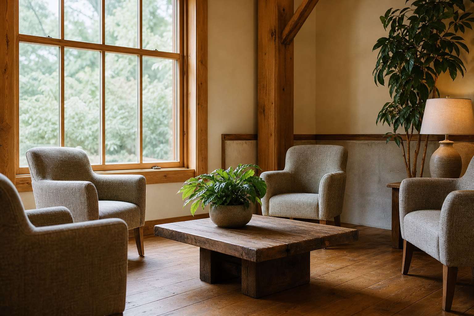 A waiting area with soft chairs and a low timber table by a window